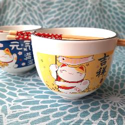 Coffret de deux bols chat japonais avec baguettes
