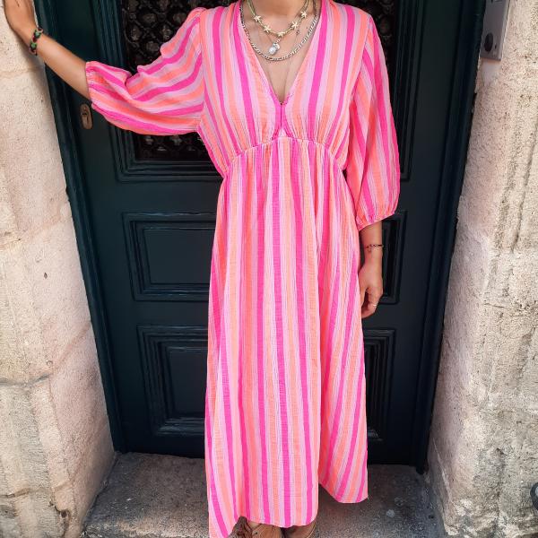 Robe longue rayée rose orange fluo gaze de coton