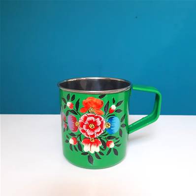Mug indien peint à la main vert motifs fleurs PM