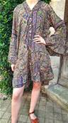 Robe tunique en soie manche longue motifs cachemire bleu vert