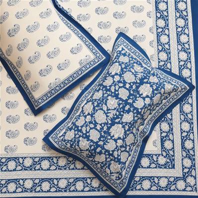 Tenture indienne block print 270x225 cm – Bleu cachemire