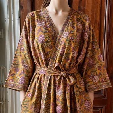 Kimono Indien Artisanal Coton jaune motif végétale