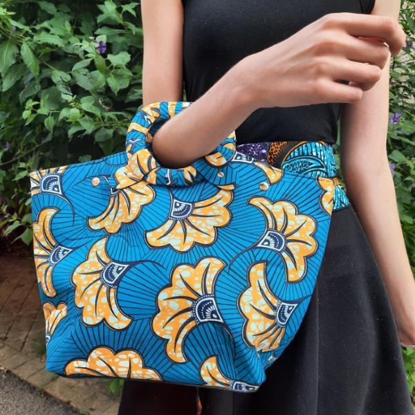 Sac à main en wax fleur de mariage turquoise et jaune