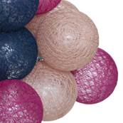 Guirlande de 20 boules lumineuses multicolores roses bleues beiges Leds. Alimentation sur secteur.