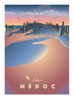 Affiche Surfing in Médoc plage rose 50x70cm Plume30