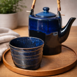 Tasse en gr�s noir et bleu �mail r�actif 