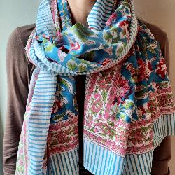 Etole, �charpe, par�o coton imprim� clochettes roses block print 13