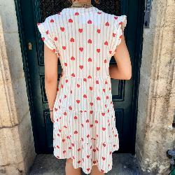 Robe rayée beige à cœurs rouges gaze de coton