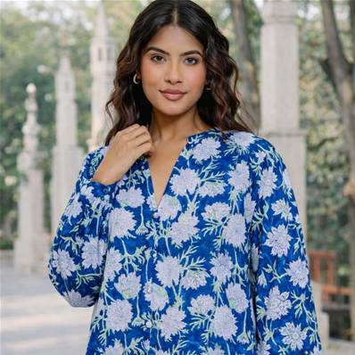 Blouse imprimé bleu artisanale 100% coton