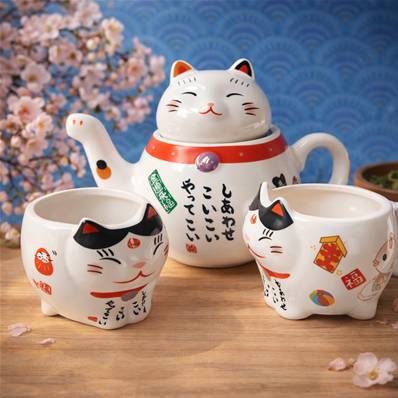 Théière et 2 tasses manekineko