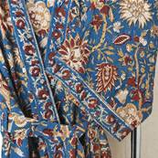 Kimono Indien Artisanal Coton bleu fleurs or et rouge