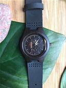 Montre cuir bois et bambou "Pile black" noire petit cadran