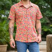 Chemise homme manche courte fleurs orange