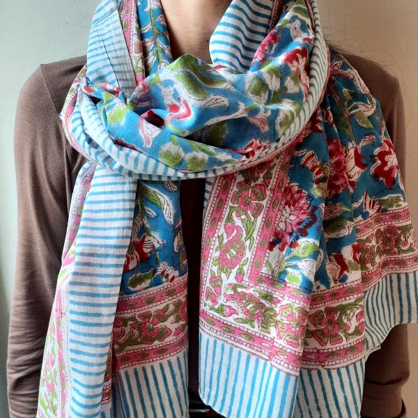 Etole, écharpe, paréo coton imprimé clochettes roses block print 13