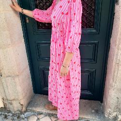 Robe longue rayée rose cœurs rouges gaze de coton
