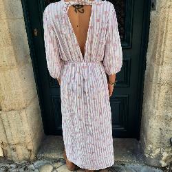 Robe longue blanche rayée orange cœurs roses, en gaze de coton