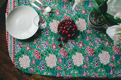 Tenture indienne coton blockprint 225x270cm vert floral