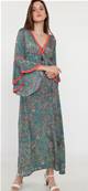 Robe longue en soie col v décolleté lacets bleu motifs cachemire
