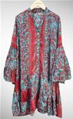 Robe tunique en soie manche longue turquoise fleurs rouges