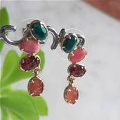 Boucles d’oreilles Multicolores Pierre de Soleil, Tourmaline Rose & Malachite