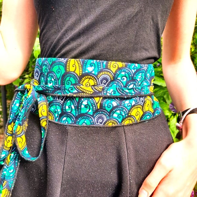 Ceinture femme, tissus africain WAX vert et jaune, 100% coton, 