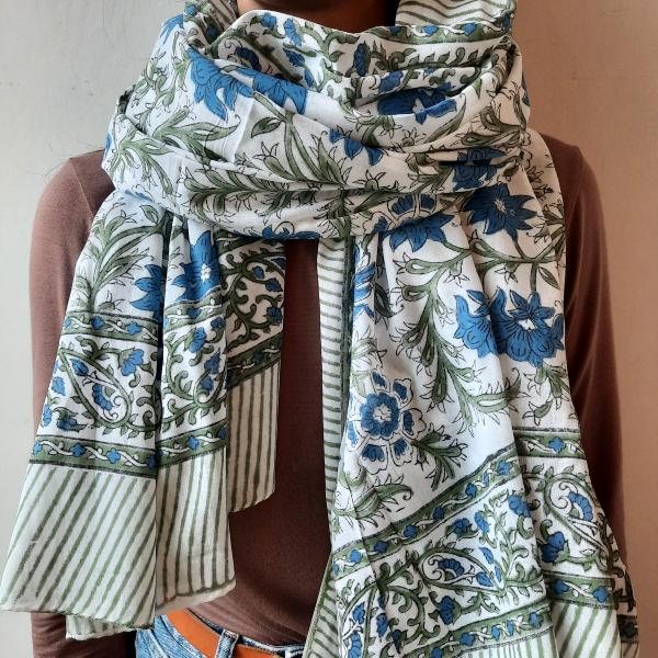 Etole, écharpe ou paréo coton imprimé fleurs bleu block print 9