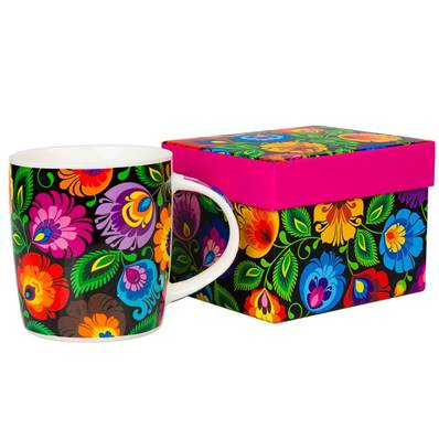 Tasse fleurie Hania noire 360 ml et sa boîte cadeau