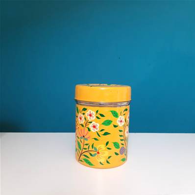 Boite inox indienne peinte à la main jaune motif fleurs moyenne