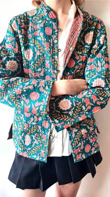 Veste indienne matelassée réversible Verte fleurs roses