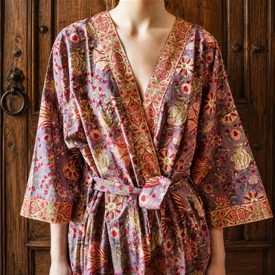 Kimono Indien Artisanal Coton violet fleurs roses