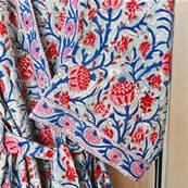 Kimono Indien Artisanal Coton bleu ciel fleurs bleu et rouge