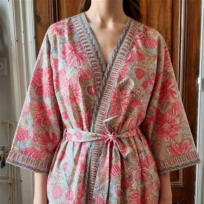Kimono Indien Artisanal Coton gris bleu fleurs roses