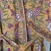 Kimono Indien Artisanal Coton jaune motif végétale