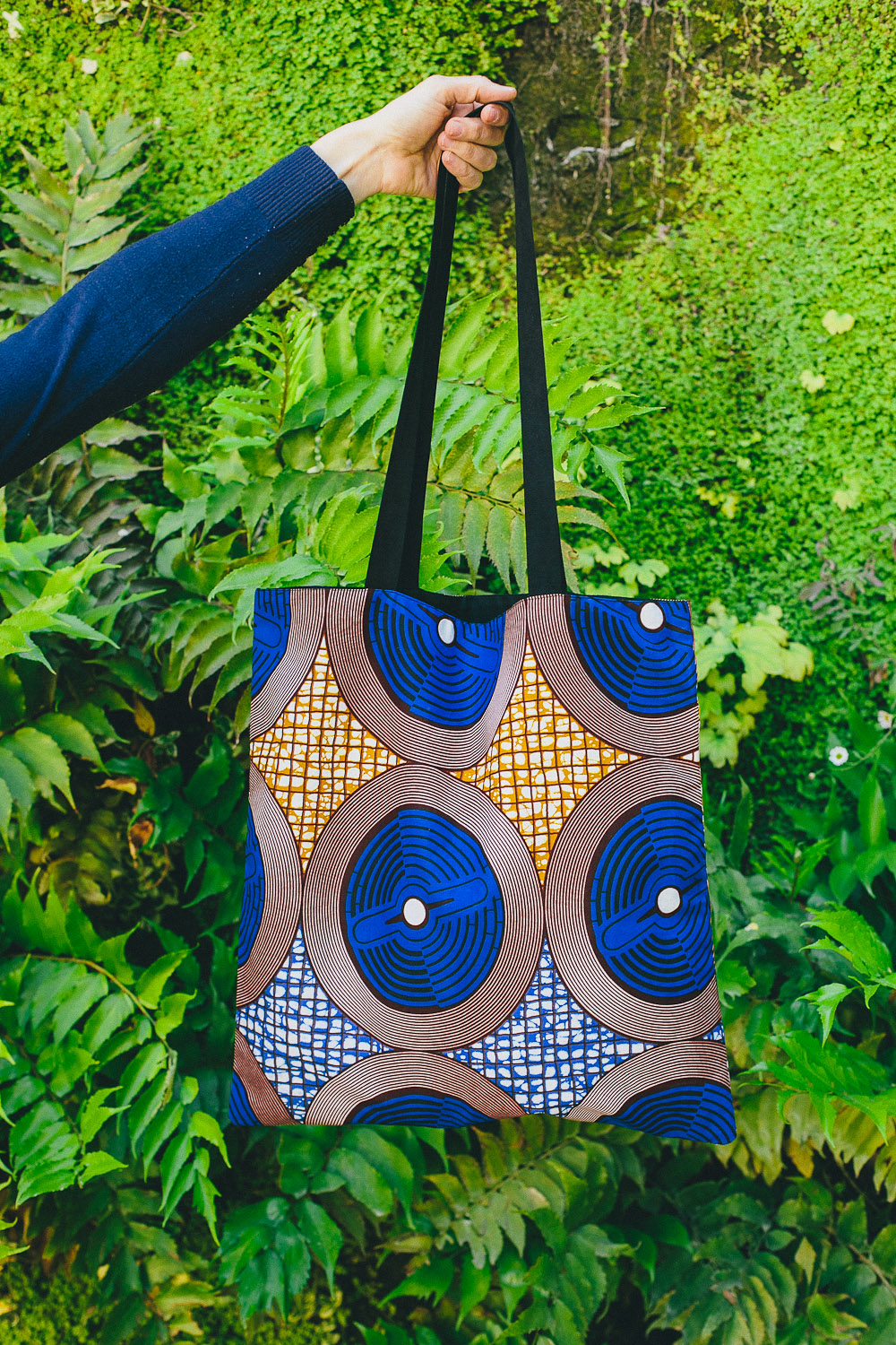 Sac Tote BAG en tissus africain WAX, motifs cercles bleus