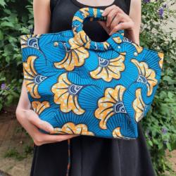 Sac à main en wax fleur de mariage turquoise et jaune