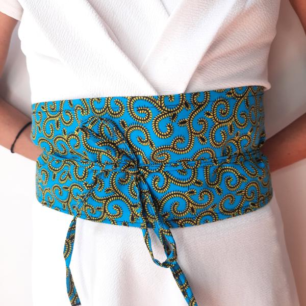 Ceinture obi wax bleu turquoise volutes jaunes