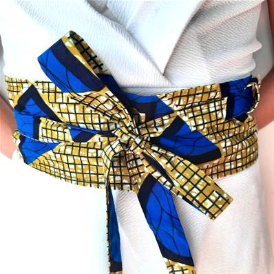 Ceinture obi wax ocre bleu graphique