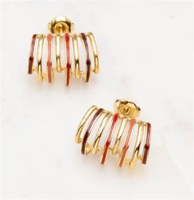 Boucles d'oreilles dorées rouge 8 rangs émaillage à froid