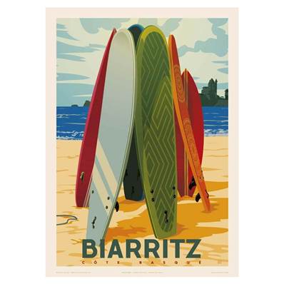 Affiche Biarritz planche de surf 50x70cm Fricker