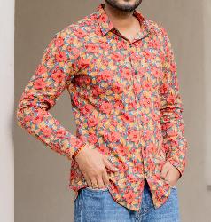 Chemise homme manche longue fleurs orange 100% coton � S