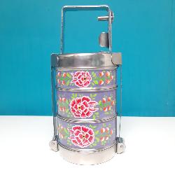 Lunch box 3 étages mauve , peinte à la main artisanat indien
