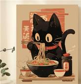 Affiche Chat noir qui mange un ramen 30cm x 40 cm