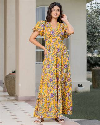 Robe longue fleurie bohème artisanale Safran