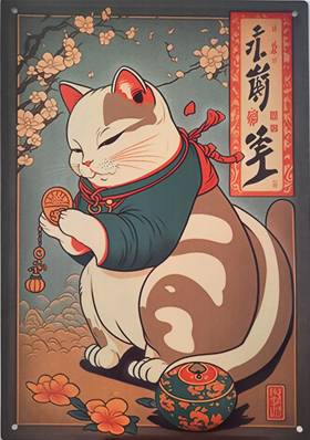 Plaque métal Chat porte-bonheur 40 × 28 cm
