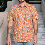 Chemise homme manche courte fleurs orange feuilles bleues