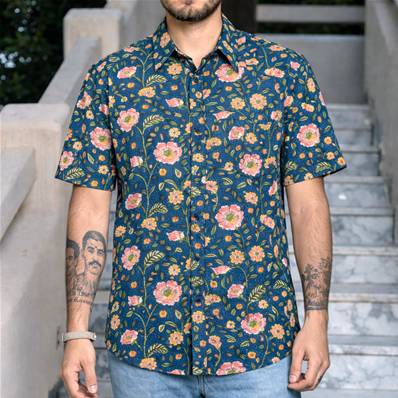 Chemise homme manche courte vert-bleu fleurs roses 100% coton – Élégance naturelle