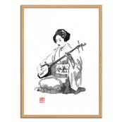 Affiche Geisha musicienne aquarelle noir et blanc 30xcm Pechane Sumie