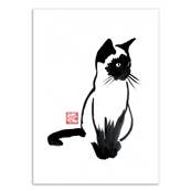 Affiche chat aquarelle noir et blanc 30xcm Pechane Sumie
