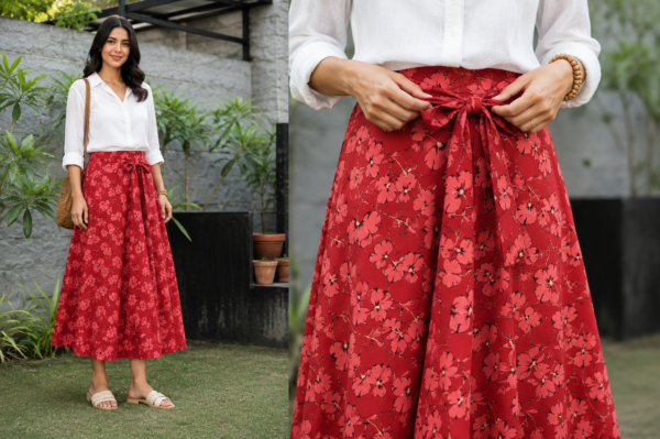 Jupe portefeuille indienne fleurie rouge