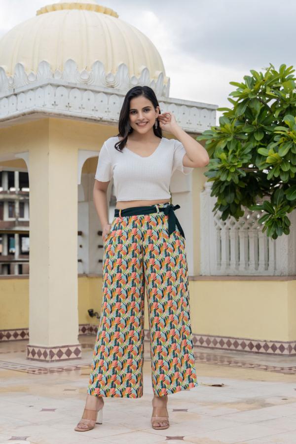 Pantalon SHINO végétaux multicolores ceinture ajustée pour femme